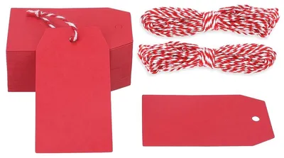 Produktbild von Kraftpapier Geschenkanhänger Geschenkanhänger Etiketten - 100 Stück - 4 x 7 cm - Rot - Mit Juteschnur