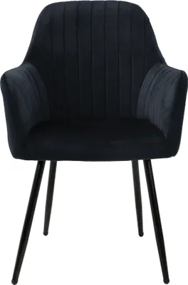 A black velvet dining chair with black metal legs, shown from the front against a white background.