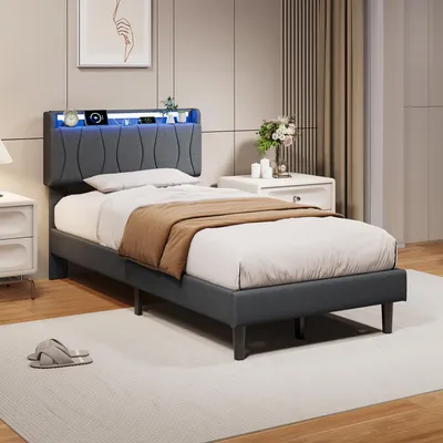 Image de Lit simple ProximaX, 90x200 cm, gris, avec éclairage LED RGB, port de charge USB-C, sommier à lattes et tête de lit en tissu