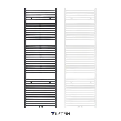 Two towel radiators, one black and one white, are shown side-by-side against a white background.