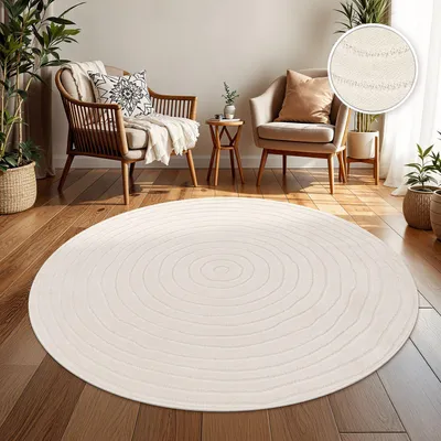 Produktbild von TT Home In-& Outdoorteppich Wetterfest Balkon Schlafzimmer Boho Skandi Motiv Unifarben Geometrische Optik Moderner Style Größe 120 cm Rund