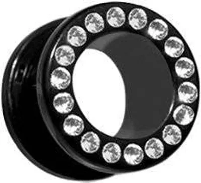 Produktbild von Ohr Flesh Acryl Tunnel Piercing Schwarz Screw On Mit Weissen Kristallen - 8mm