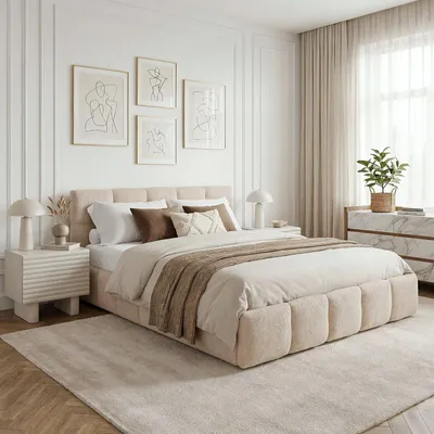 Produktbild von Polsterbett CLOUDY gepolstert 180 x 200 cm, Beige – modernes Doppelbett mit Bouclé Stoffbezug, inklusive Lattenrost und Rückenlehne, gepolstertes Kopfteil