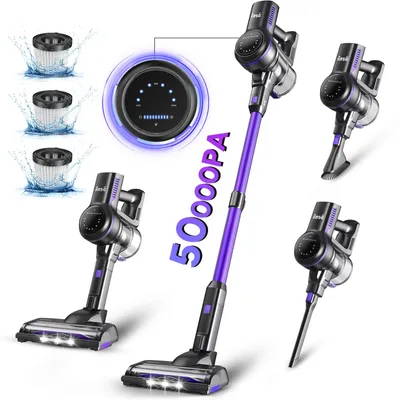 A collage of images showcasing a purple and silver cordless vacuum cleaner, its components, and a display screen.