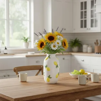 Produktbild von Blumenvase Zitronen - weis - Keramik - D16 x H30 cm - Obstvase Zitronenmuster