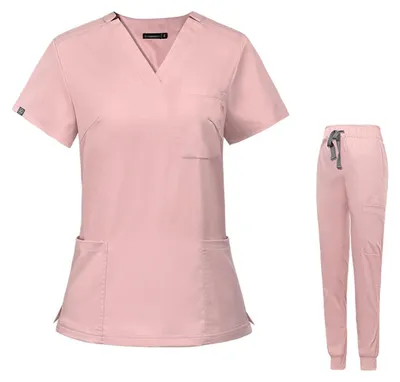Immagine prodotto di Scrubs a maniche corte con scollo a V - Set di uniformi mediche - 3 tasche - Vestibilità aderente - Traspirante - Poliestere/Spandex leggero - Uniforme per infermieri