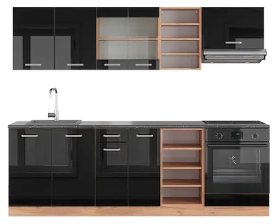 Produktbild von Küchenzeile Vicco R-Line Schwarz Hochglanz/Goldkraft Eiche 240 cm , AP Anthrazit, Model 43343