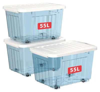Obrázok produktu pre Úložné boxy s kolieskami 55 l, 3 ks, priehľadný plast, s vekom, na oblečenie