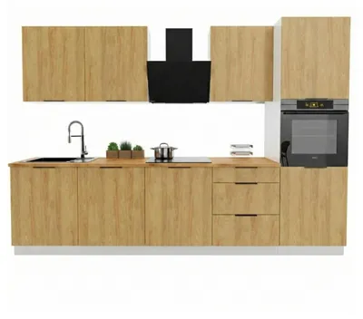 Obrázek produktu pro Kuchyňská linka 300 cm - s hnědou pracovní deskou - Dub Hicora - horní a dolní skříňky - tiché dovírání Soft-Close - BONO
