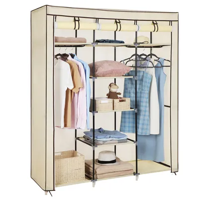 Produktbild von SONGMICS XXL Kleiderschrank mit 2 Stangen | Stoffschrank 175 x 150 x 45 cm | Faltschrank mit 3 rollbaren Türen | Vlies Gewebe Beige RYG12M