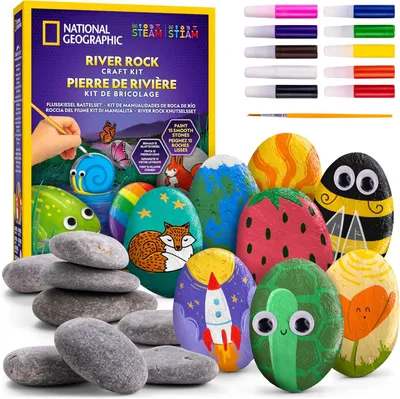 Image de Kit de peinture sur pierre - Kit de loisirs créatifs pour enfants - Décorez 15 pierres avec 10 couleurs et des accessoires