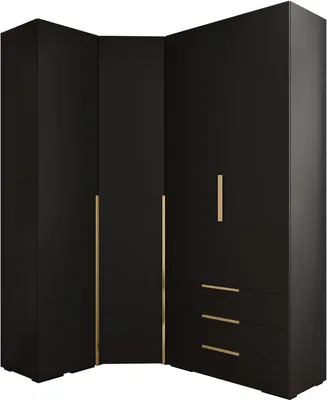 A black corner wardrobe with gold handles against a white background.