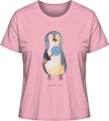 Produktbild von Mr. & Mrs. Panda Basic Shirt Damen Pinguin Lolli Größe L - Baumwolle Pink - Geschenk, Spruch, Oberteil, Pinguine, Baumwoll T-Shirt, Naschen, Süßigkeiten, Heißhunger