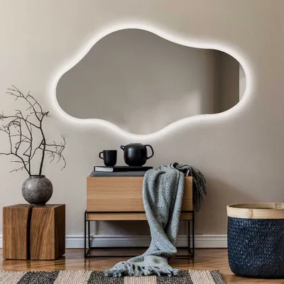 Produktbild von Unregelmäßiger asymmetrischer Spiegel mit LED Beleuchtung 114x64 cm - mit LED Beleuchtung - LED Farbe Kaltweiß 7000K - Individuell Nach Maß - Beleuchtet Wandspiegel Lichtspiegel Badezimmerspiegel CHM221