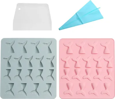 Produktbild von 2 Stück Meerjungfrauenschwanz-Schokoladen-Gummibärchen-Formen Antihaft-Silikon-Backformen Für Die Herstellung Von Eiswürfeln Gelee-Schokoladenseife Zum Formen, Mit Spritzbeutel Und Schaber