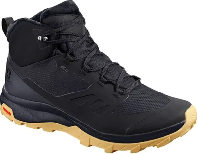 A black hiking boot with a tan sole is shown against a white background.