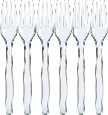 Produktbild von Plastikbesteck - 100 Einweggabeln aus Plastik, 6 Zoll - Dicker matter Griff, transparent und stabil - Ideal für Geburtstage, Grillabende, Hochzeiten und mehr