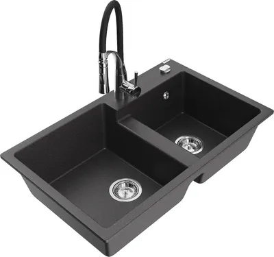 Produktbild von Mexen Tomas 2-Becken-Granitspüle mit Mischbatterie Aster, Schwarz gesprenkelt - 6516-76-73450-07