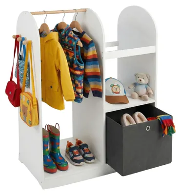 Image de Porte-manteau Relaxdays pour enfants, 3 crochets, tringle à vêtements et bac de rangement, H x l x P : 108 x 97 x 35 cm, chambre d'enfant, blanc