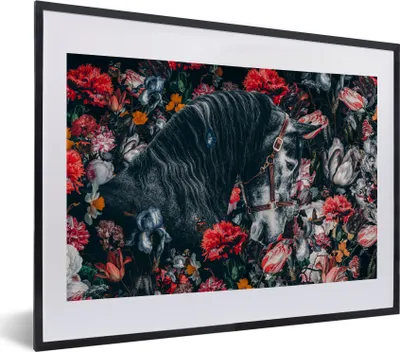 Produktbild von MuchoWow® MuchoWow® Gerahmtes Poster Pferd - Blumen - Schwarz 40x30 cm - Poster mit zchwarzem Bilderrahmen - Bilderrahmen - Poster im Rahmen