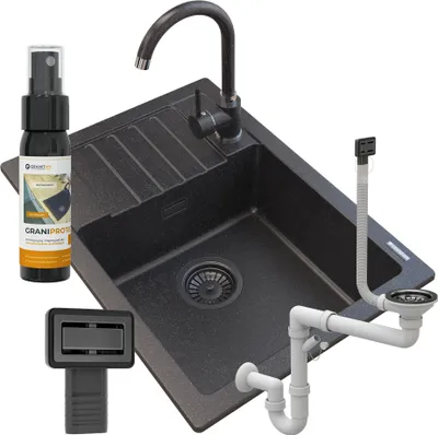 Immagine prodotto di Granitan | Lavello in granito - Nero - 62x44x17,5 cm - ARGOS + Sifone nero + Rubinetto da cucina BETA + Impregnat