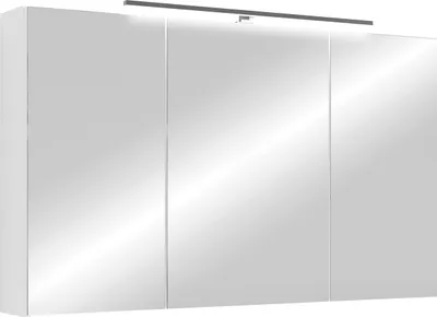 A white bathroom cabinet with mirrored doors and an LED light strip above.