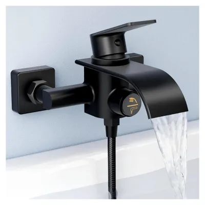 Produktbild von Badewannenarmatur Wasserfall Schwarz, Mischbatterie für Badewanne, Messing Wasserhahn mit Druckschalter, Duscharmatur für Wandmontage - Schwarz