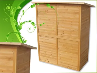 A wooden storage shed with green vine graphics overlaid.