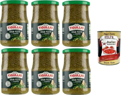 Produktbild von Tigullio GranPesto Alla Genovese, 100% italienisches Basilikum, glutenfrei und ohne Zusatz von Konservierungsstoffen 6x500gr + Italian Gourmet polpa 400g