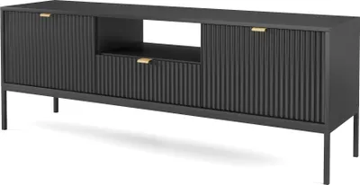 A black TV stand with gold handles and a ribbed front.