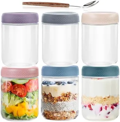 Produktbild von 500ml Overnight Oats Gläser, 6 Pack Meal Prep Gläser mit Deckel und Löffel, Wide Mouth Gläser mit Deckel,Joghurtsnacks Obst, Salat Dressing, Sauce, Getreide-Leck Proof