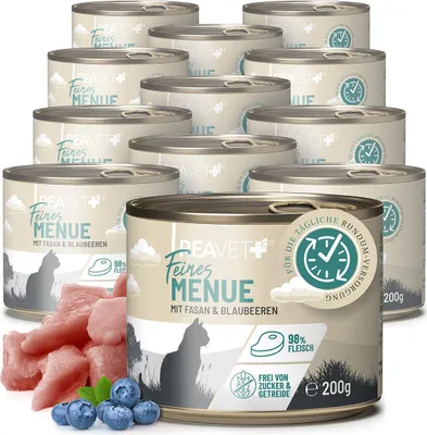 Produktbild von REAVET Premium Katzenfutter nass mit Fasan & Blaubeeren 12 x 200g I Getreidefrei aus hochwertigem Fleisch I Katzennassfutter ohne Zucker, Nassfutter für ausgewachsene Katzen