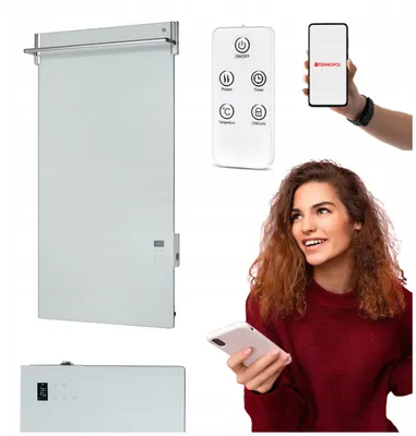 Produktbild von Termofol Bad-Infrarotheizung TF-SW750 aus Glas, Handtuchhalter, WLAN, Fernbedienung, 750 W, 57 x 120 cm, Weiß