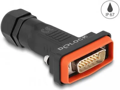 Imagen del producto de Conector D-Sub de 15 pines con carcasa, grado de protección IP67, resistente al agua, D-Sub de 15 pines/15 pines para soldadura, color , naranja, conector macho, recto, grado de protección IP67, rango de temperatura de funcionamiento: -45 °C a 105 °C
