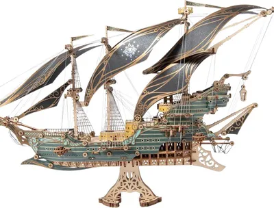 A 3D wooden model of a pirate ship on a stand.
