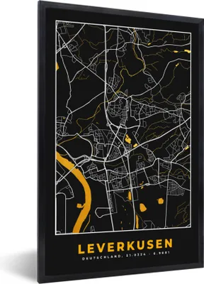 Produktbild von MuchoWow® Gerahmtes Poster Leverkusen - Gold - Stadtplan - Deutschland - Karte 20x30 cm - Poster mit Schwarzem Bilderrahmen Wandposter Rahmen Foto Bilder - Drucken - Bilder Poster im Rahmen