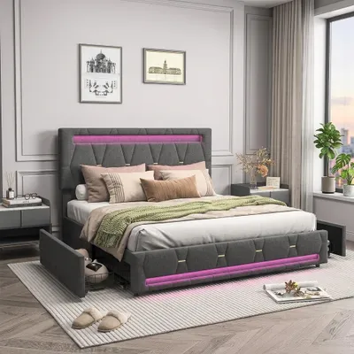 Obrázek produktu pro Postel INONEFT, čalouněná, 140 x 200 cm, dvoulůžko se 4 zásuvkami, postel pro mládež s LED osvětlením, úložná postel, funkční postel, materiál: len, barva: šedá