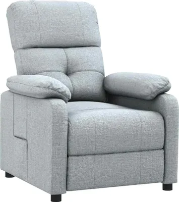 A light gray fabric recliner chair is shown against a white background.