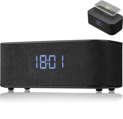 Produktbild von Bluetooth Stereo Lautsprecher mit Wecker, drahtloser Ladefunktion und Freisprechfunktion 204x79x109 mm