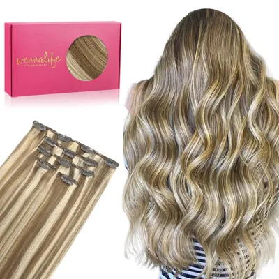 Produktbild von Clip in Extensions Echthaar 75g 5tlg 35cm Ash Braun Highlights Goldblond