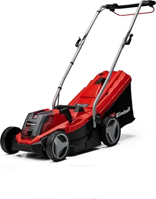 A red and black electric lawnmower is shown against a white background.