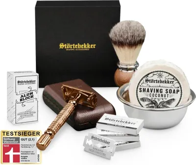 Produktbild von Störtebekker® Premium Rasierset - Rasierhobel Rosé - Gold – inkl. Echtlederetui (Café) - Rasierseife Kokos Duft - Rasurset / Bartpflege Set