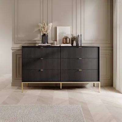 Produktbild von Elegante Schwarze Kommode Mit Goldenem Gestell Und Schubladen - 154X39X91 Cm