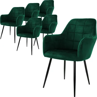 A set of six dark green velvet dining chairs with black metal legs, arranged in two rows.