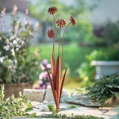 Produktbild von Gartenstecker "Rostblumen" aus Metall mit Echt Rost Finish, 100 cm hoch, Dekostecker wetterfest, Roststecker, Outdoor Gartendeko für Draußen