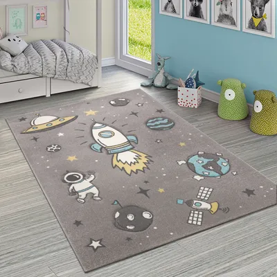 Produktbild von Kinderteppich Jungen Mädchen Grau Kinderzimmer Kurflor Weltall Astronaut Grösse 140x200 cm