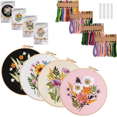 Stickerei-Set für Anfänger, 4 Stück, Blumenmuster, mit Rahmen