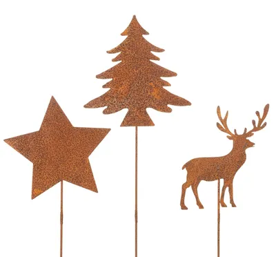 Produktbild von Gartenstecker Edelrost Hirsch Stern Tanne Set Winterdeko Weihnachten 3er-Set 10/15cm, 3 Stück