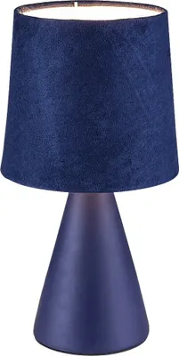 A blue table lamp with a conical base and a fabric lampshade.