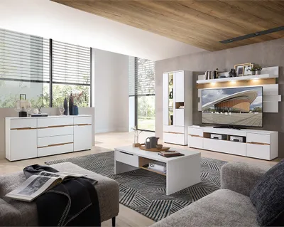 Produktbild von Wohnzimmer Set mit Couchtisch und LED-Beleuchtung, weiß supermatt mit Eiche, 5-teilig - MANRESA-36